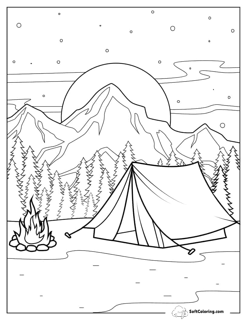 Camping Tent With Bonfire And Mountain View