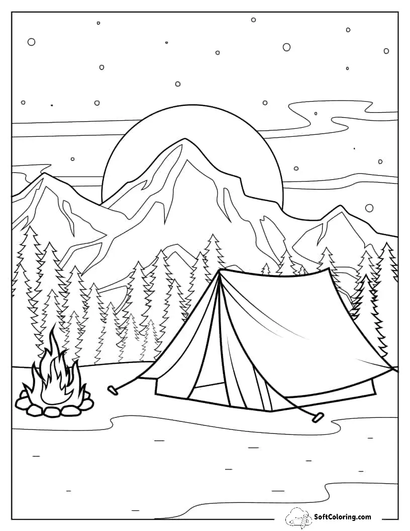Camping Tent With Bonfire And Mountain View