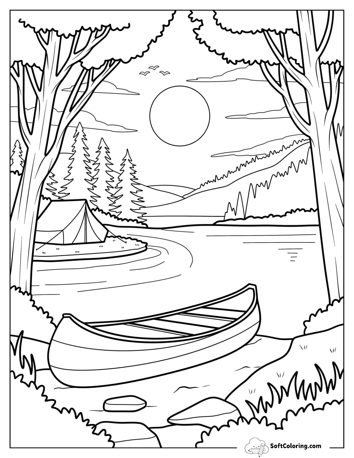Canoe By The Lake With Forest Tent And Mountain View