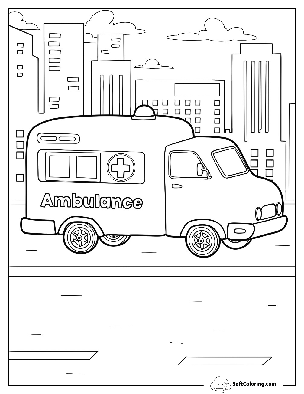 Cartoon Ambulance Coloring Page In The City For Kids