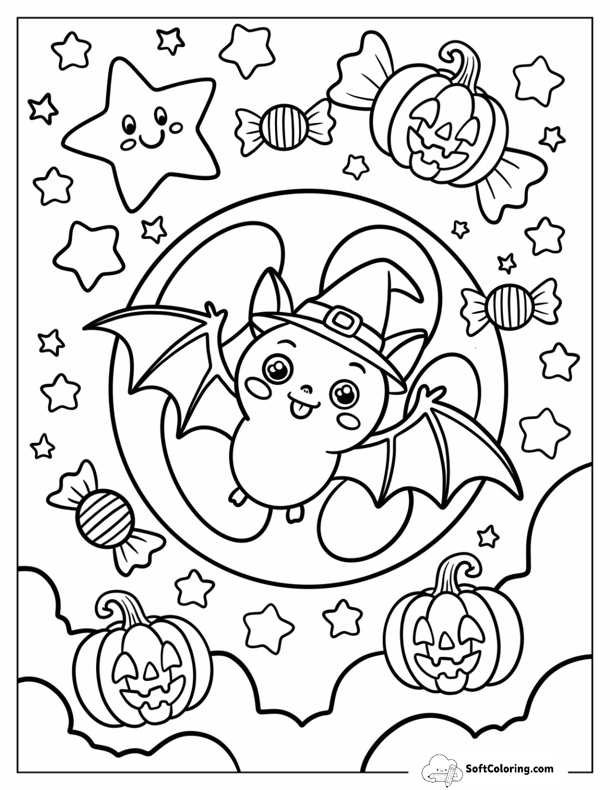 Cartoon Bat Wearing Witch Hat With Full Moon, Candies, Stars, And Jack O Lanterns