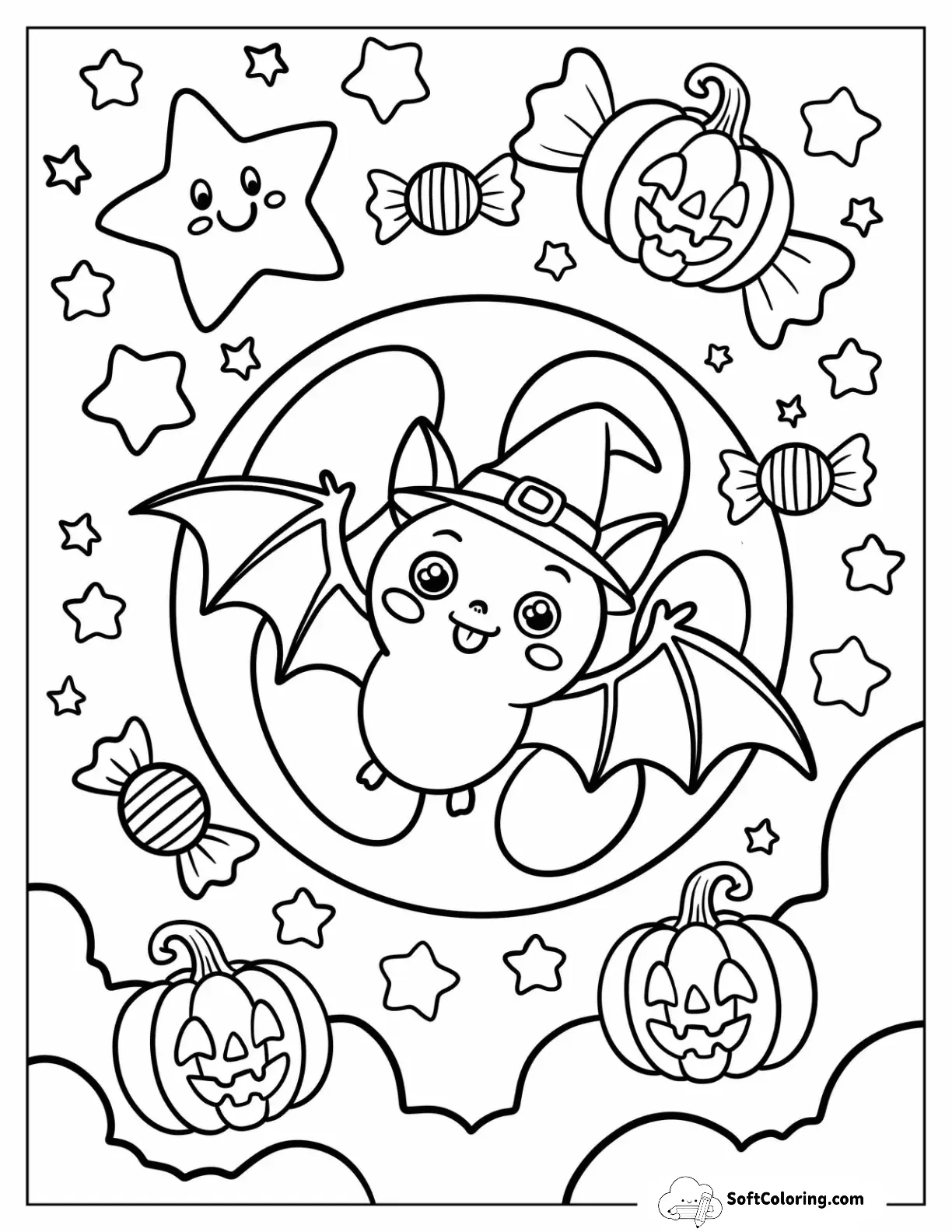 Cartoon Bat Wearing Witch Hat With Full Moon, Candies, Stars, And Jack O Lanterns