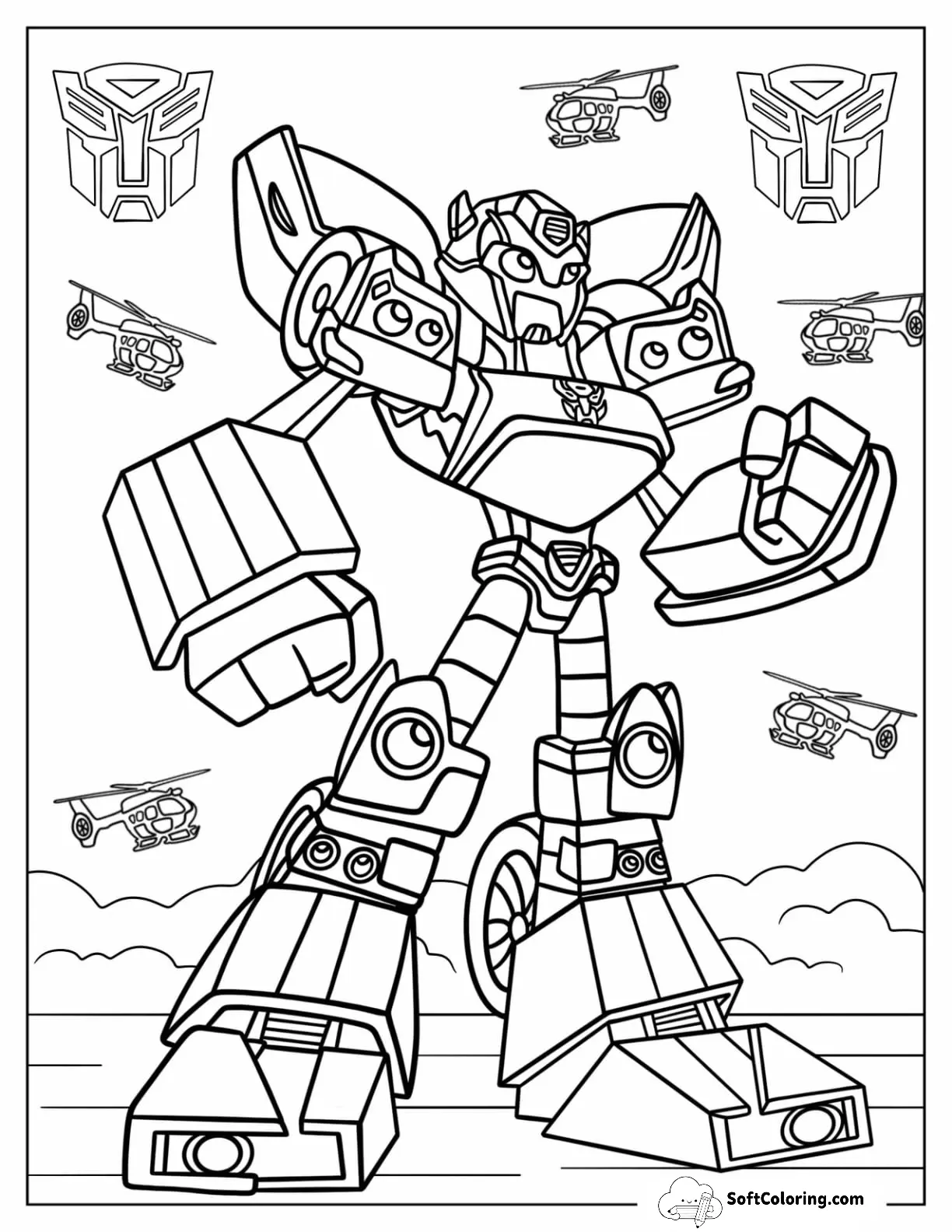 Cartoon Bumblebee Coloring Page With Helicopters For Kids