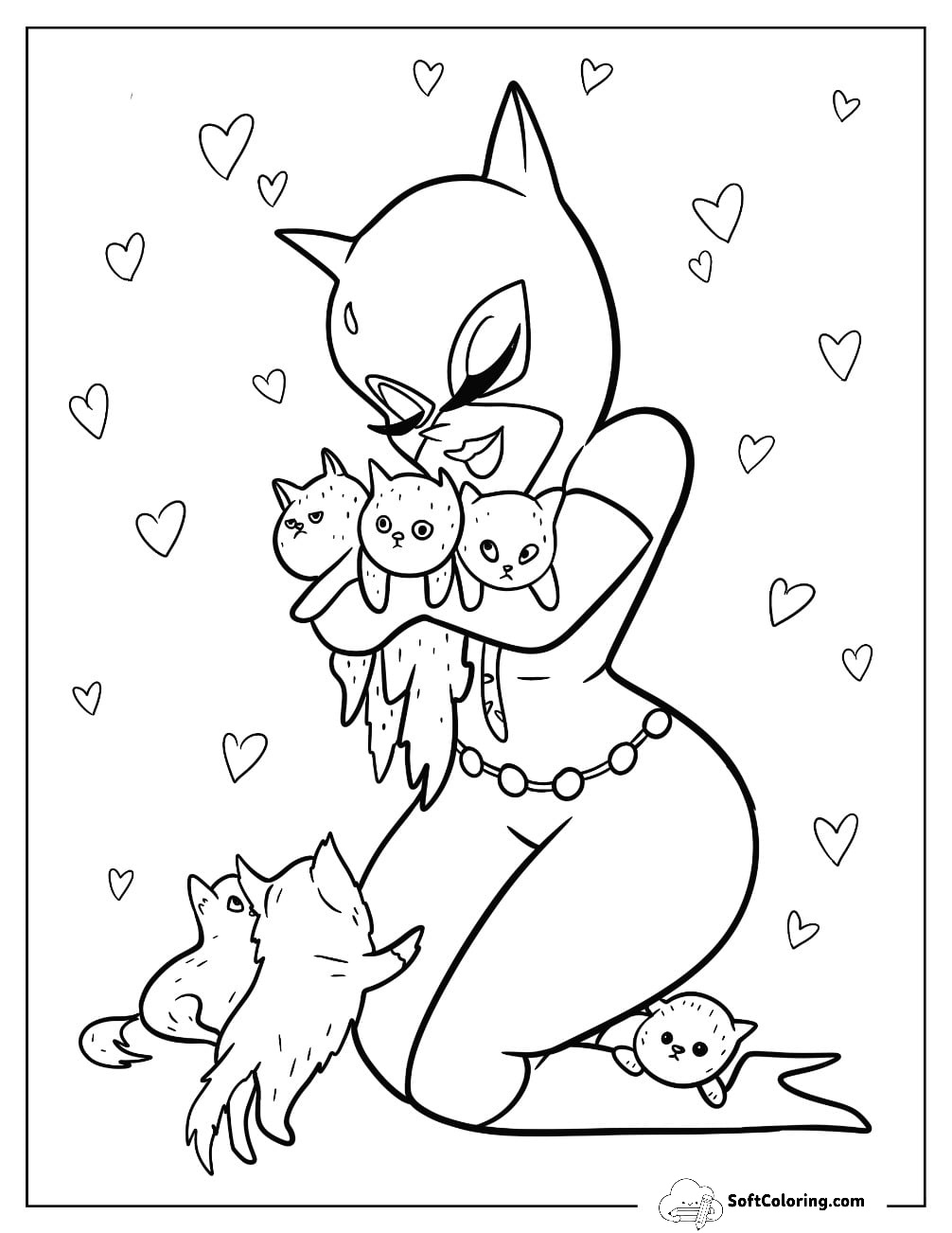 Cartoon Catwoman Coloring Page Cuddling With Kittens