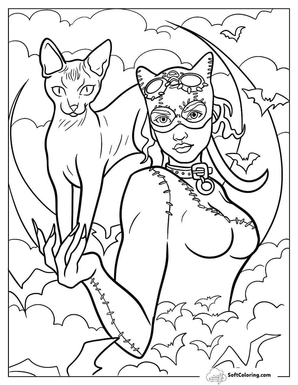 Cartoon Catwoman Coloring Page With Cat And Bats For Kids