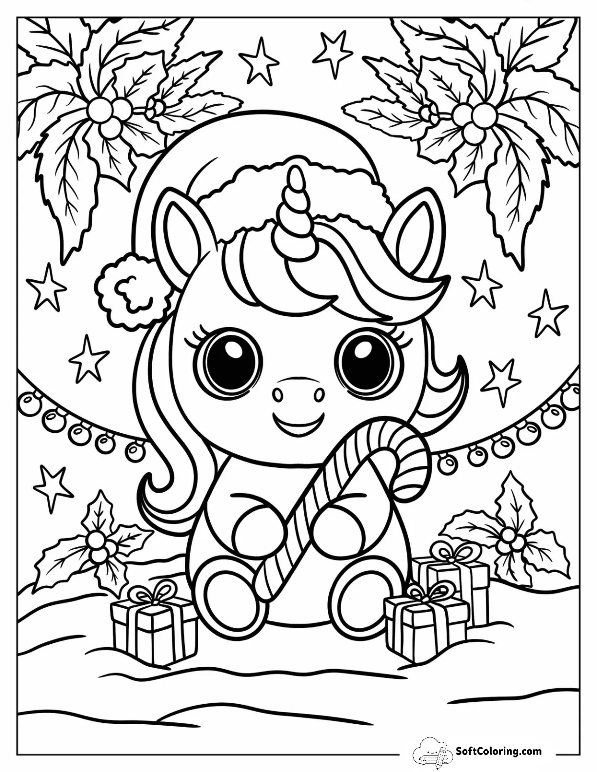 Cartoon Christmas Unicorn Coloring Page Hugging A Candy Cane For Preschoolers