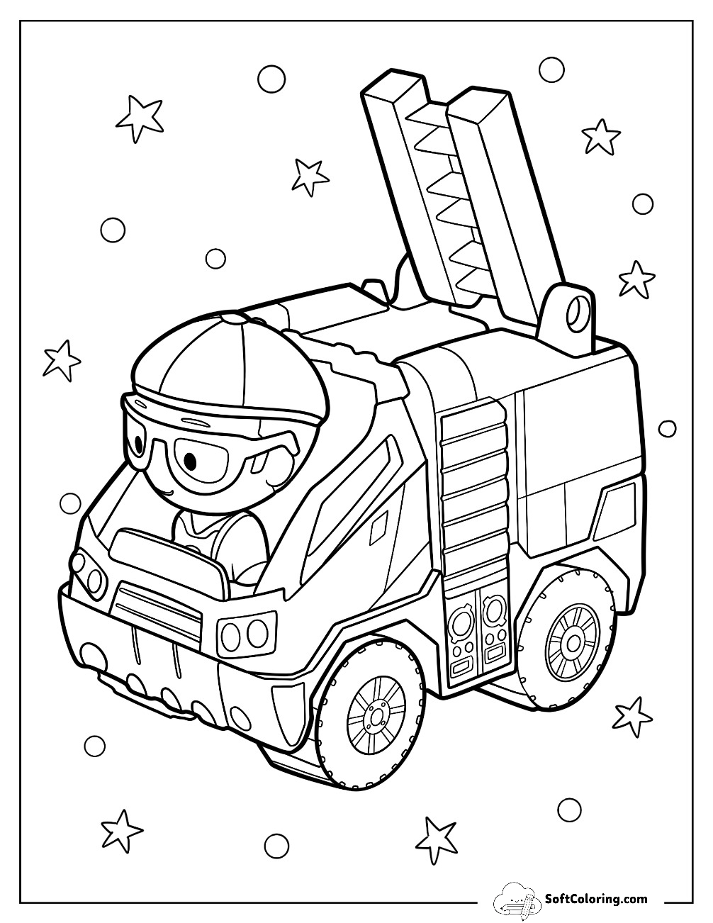 Cartoon Fireman Operating A Fire Truck Coloring Page