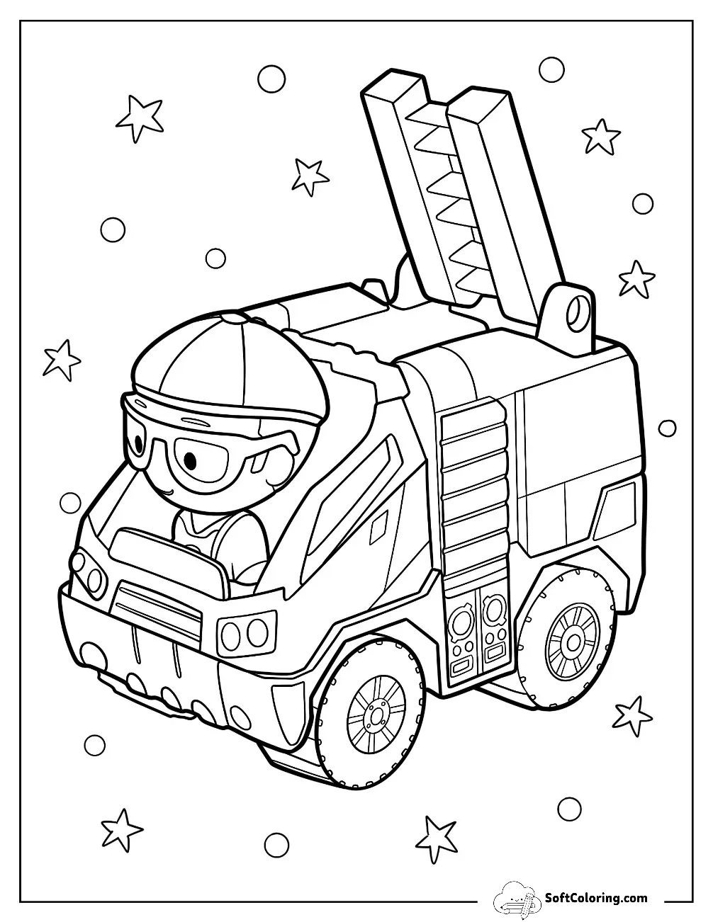 Cartoon Fireman Operating A Fire Truck Coloring Page