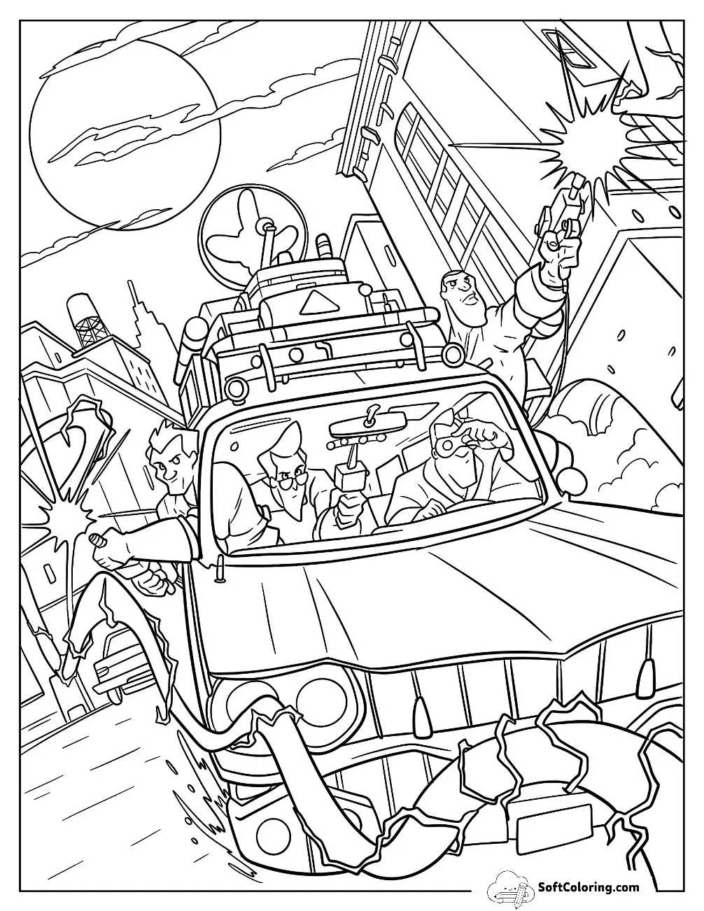 Cartoon Ghostbusters Spenglar, Venkman, Zeddemore, And Stantz Riding In Ecto 1