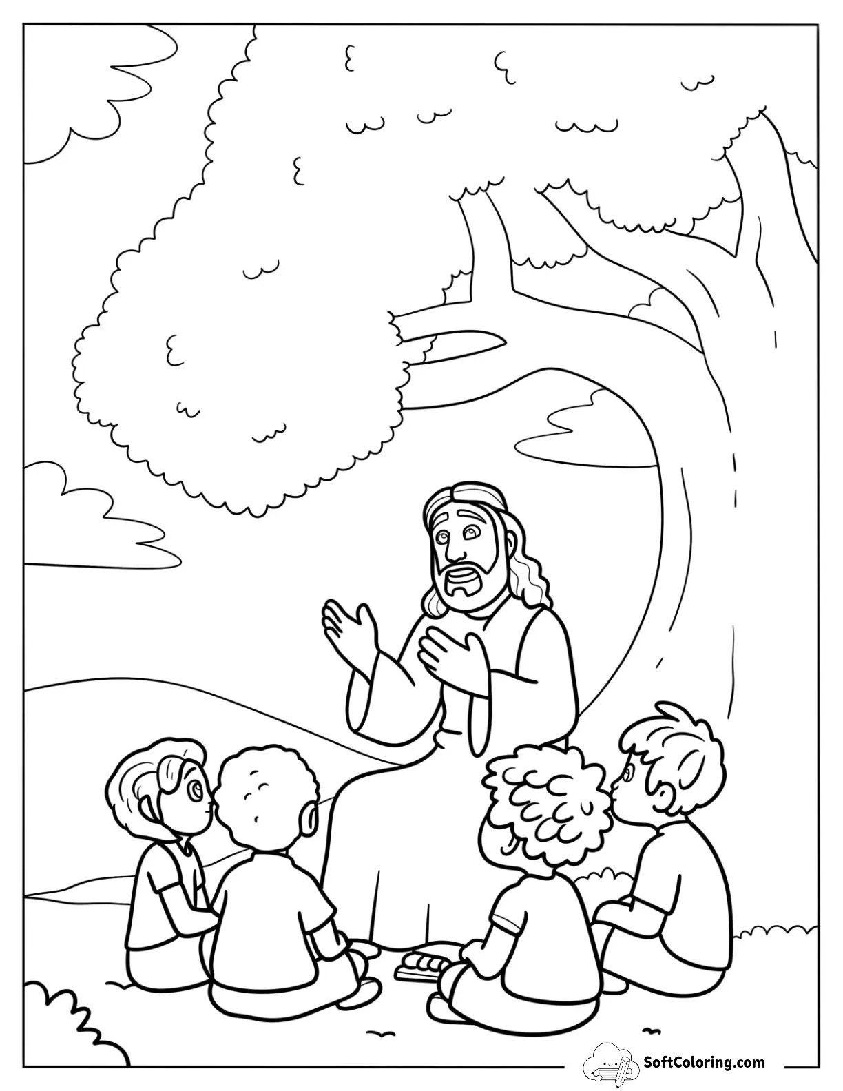 Cartoon Jesus Teaching Children Under The Tree For Kids