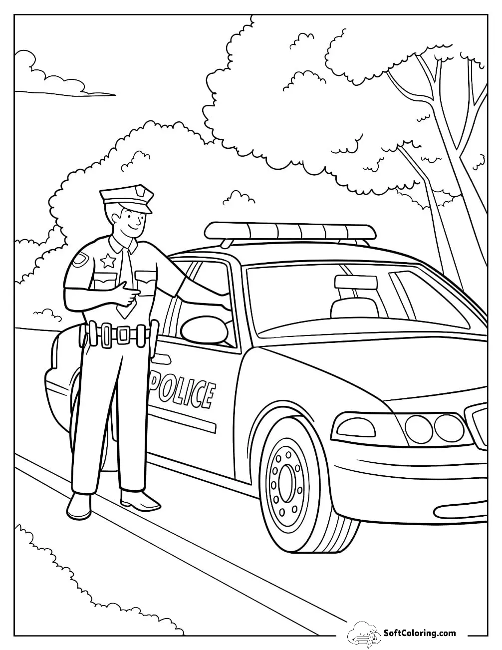 Cartoon Police Officer Next To His Police Car Coloring Page