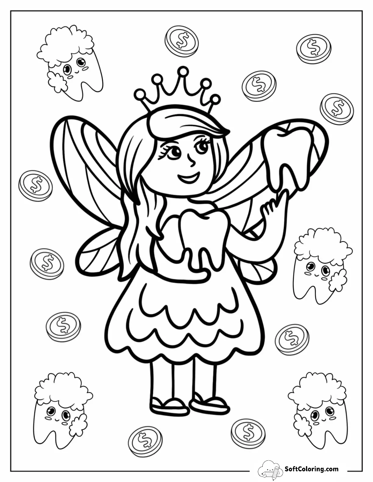 Cartoon Tooth Fairy Coloring Page Holding Teeth