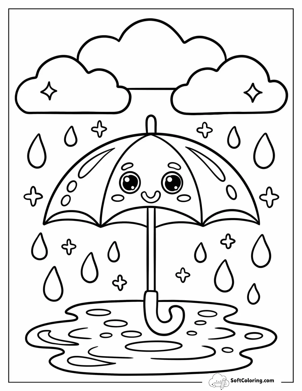 Cartoon Umbrella Under The Rain With Puddle And Sparkles