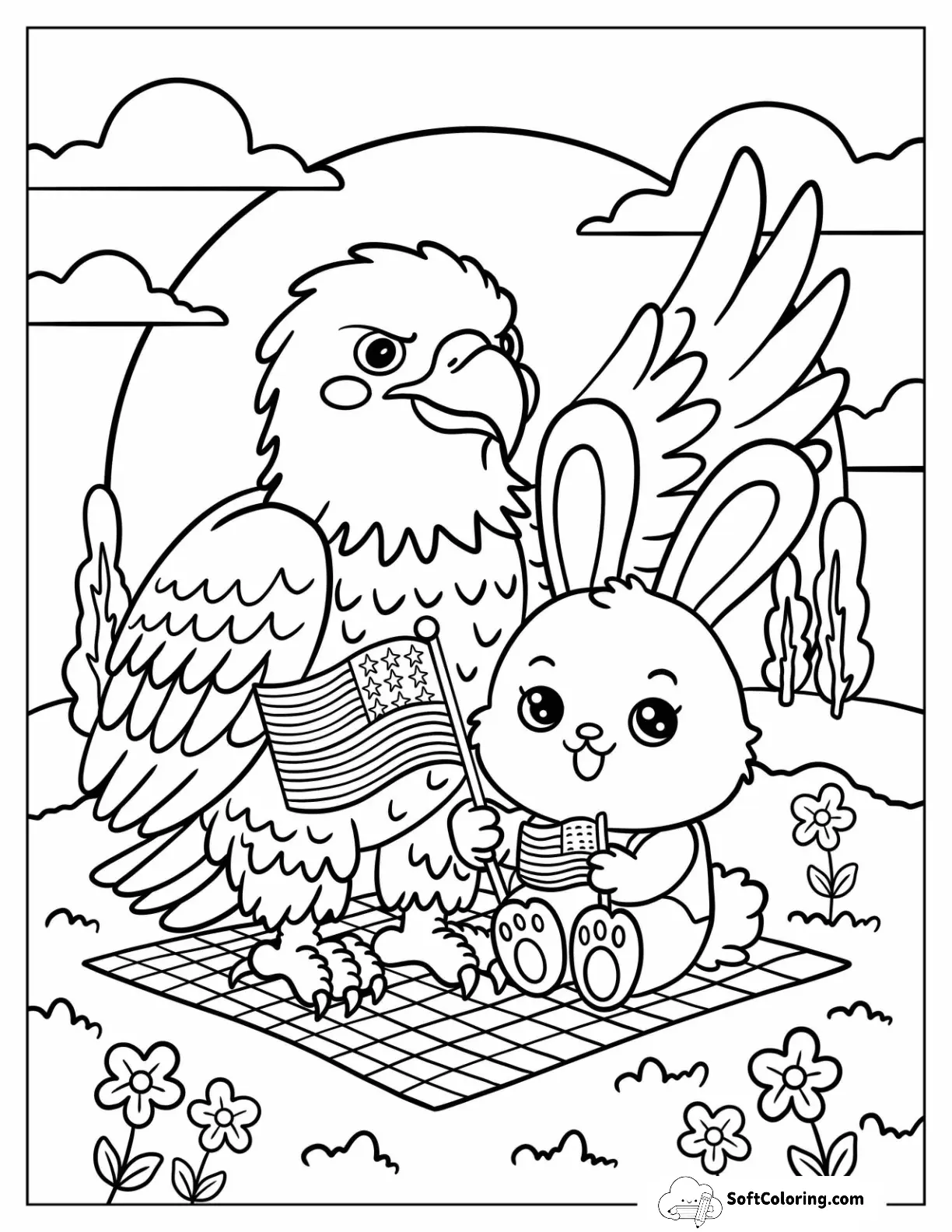 Cartooon Rabbit And Eagle On A Picnic Mat With American Flag On 4Th Of July