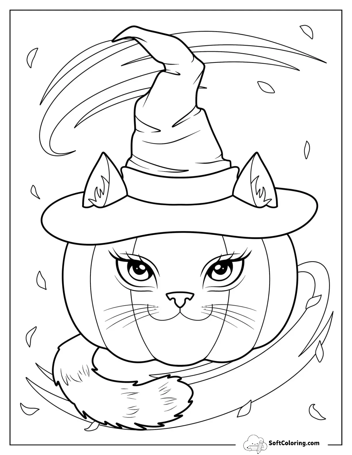 Cat Pumpkin Coloring Page Wearing A Witch Hat
