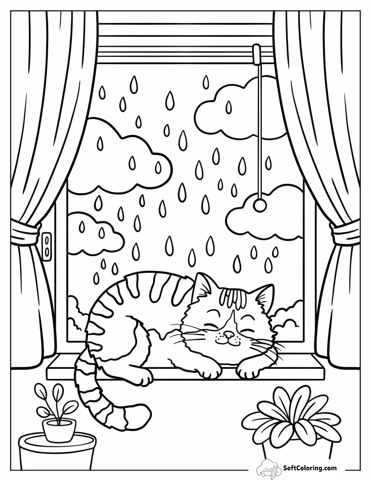 Cat Resting On Window Ledge While Rain Falls Over Cloudy Garden View