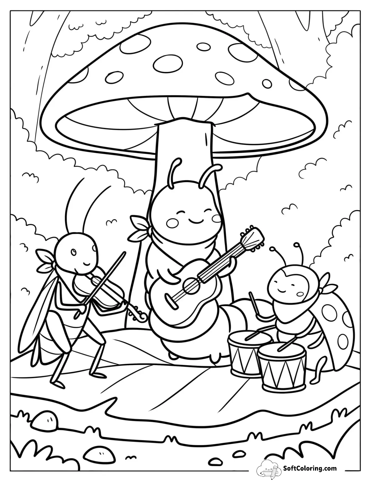 Caterpillar Band Playing Music Under A Mushroom