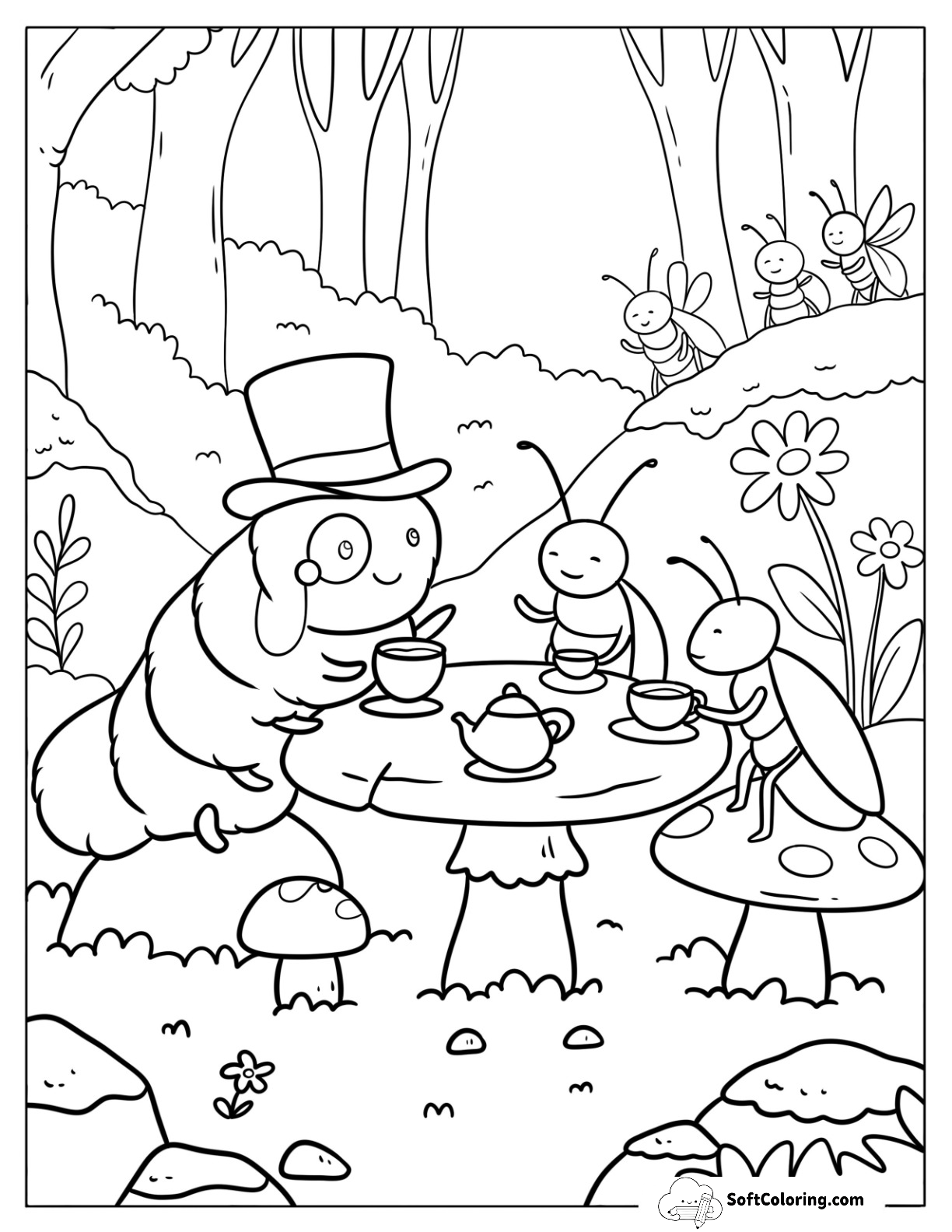 Caterpillar Having Tea With Insect Friends In The Forest