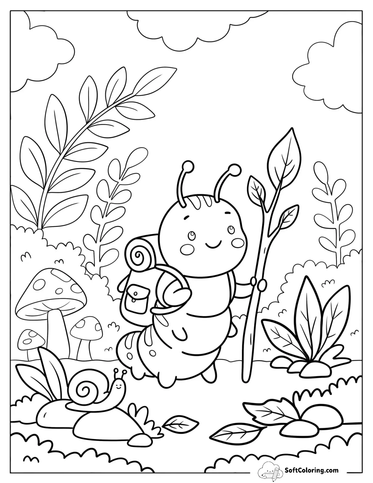 Caterpillar Hiking In The Forest With A Backpack And Walking Stick