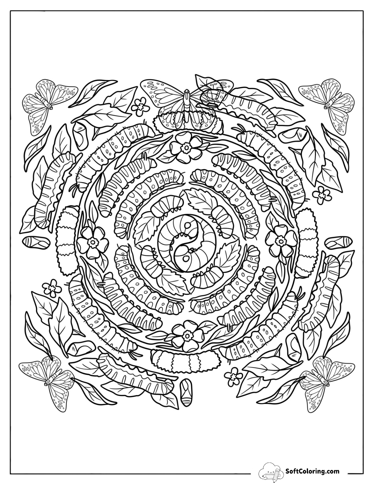 Caterpillar Life Cycle Mandala With Leaves And Butterflies