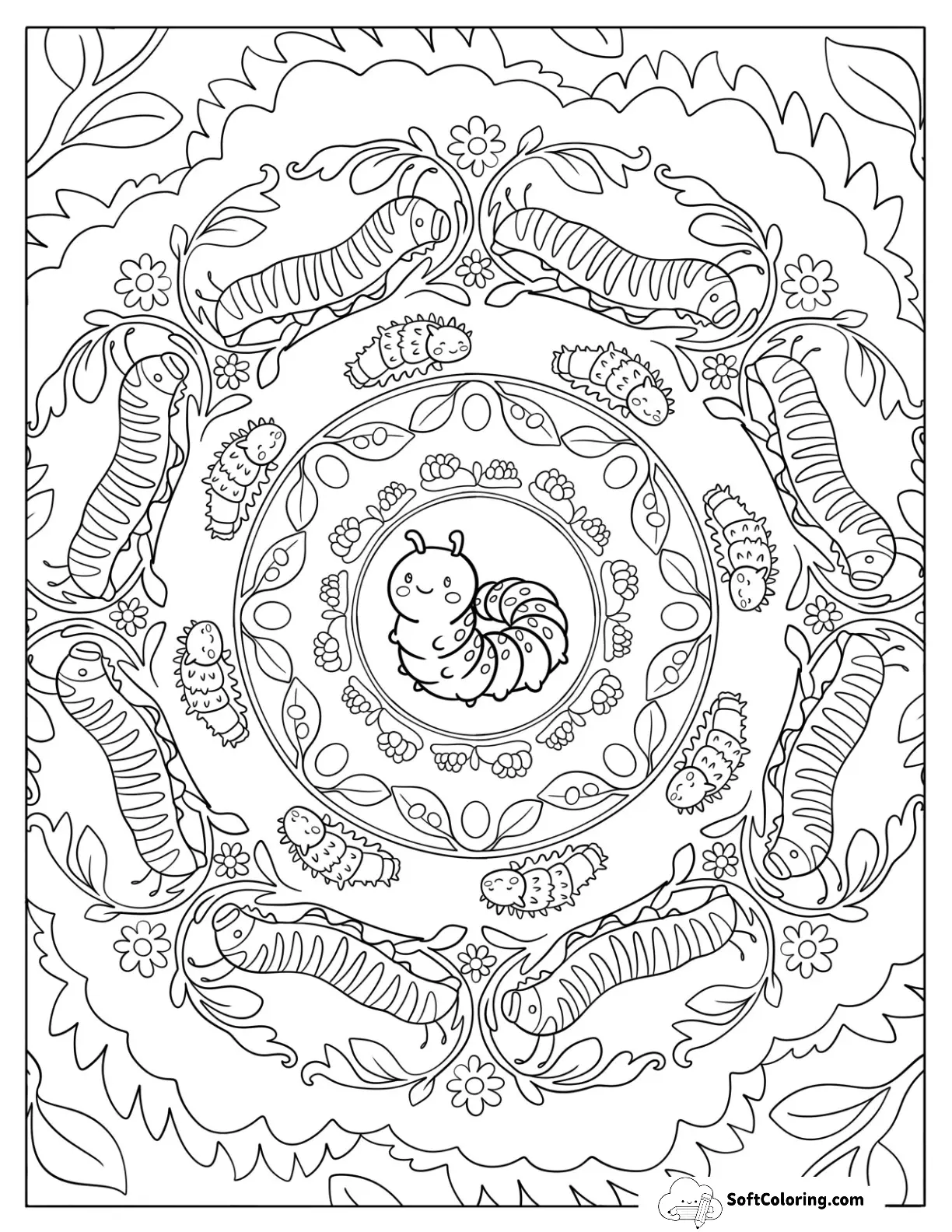 Caterpillar Of Mandala With Leaves And Floral Patterns