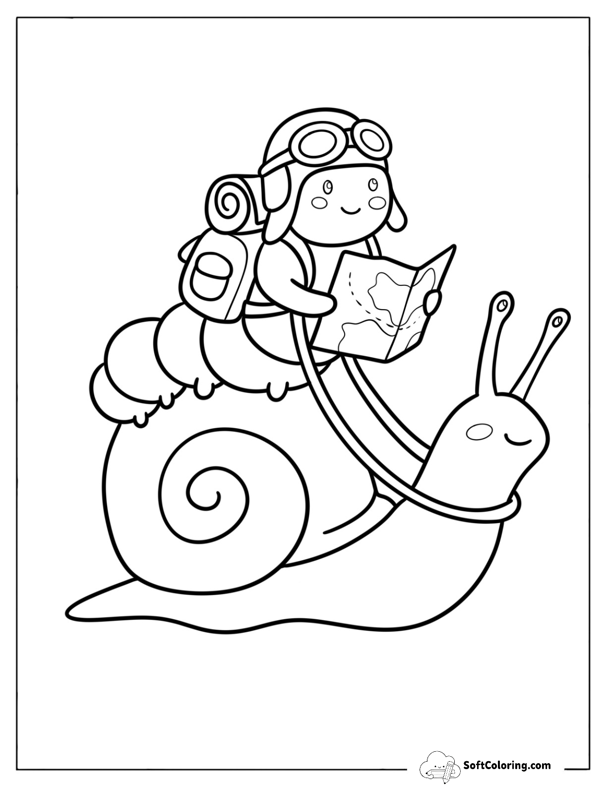 Caterpillar Riding A Snail With A Backpack And Map