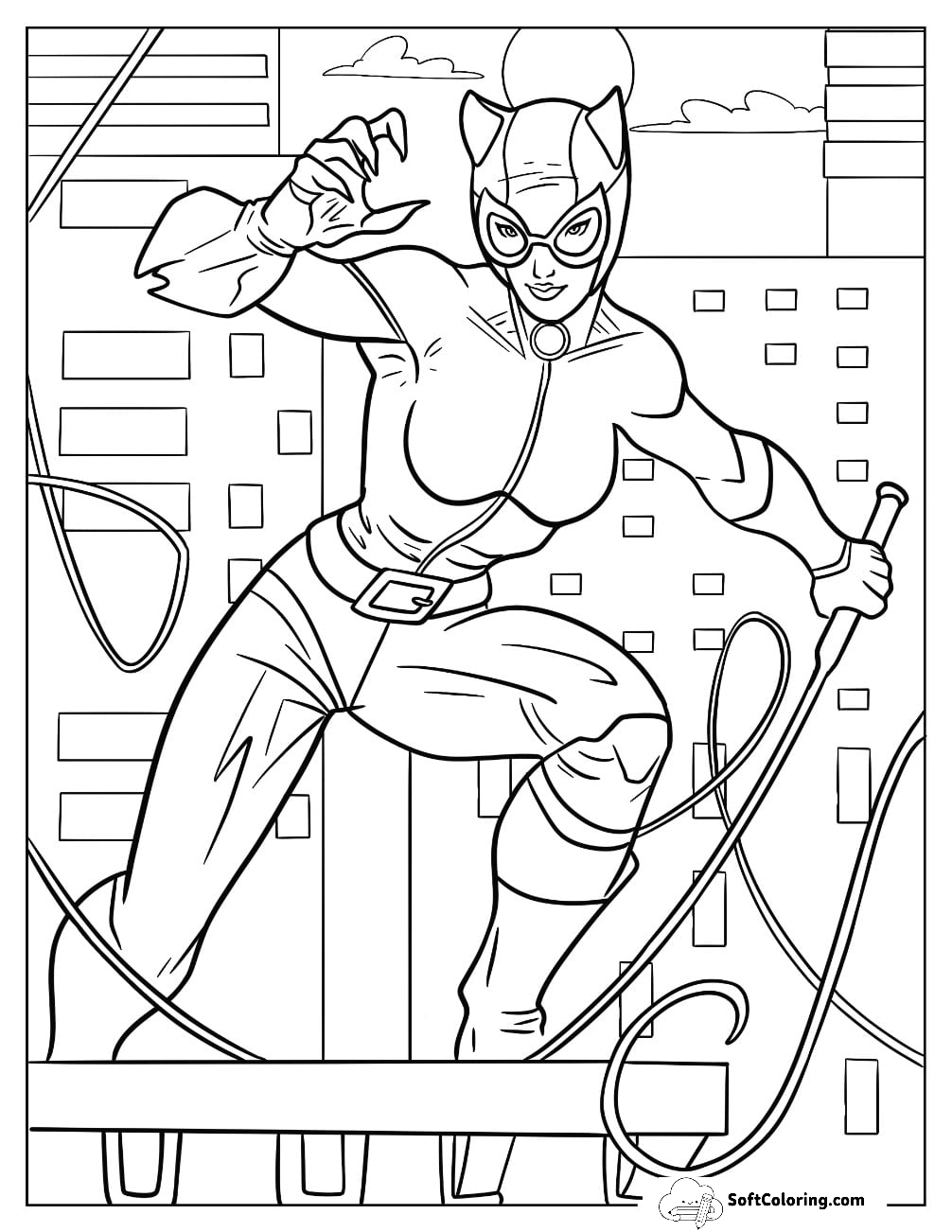 Catwoman Coloring Page Showing Claws And Holding Wip On A Rooftop