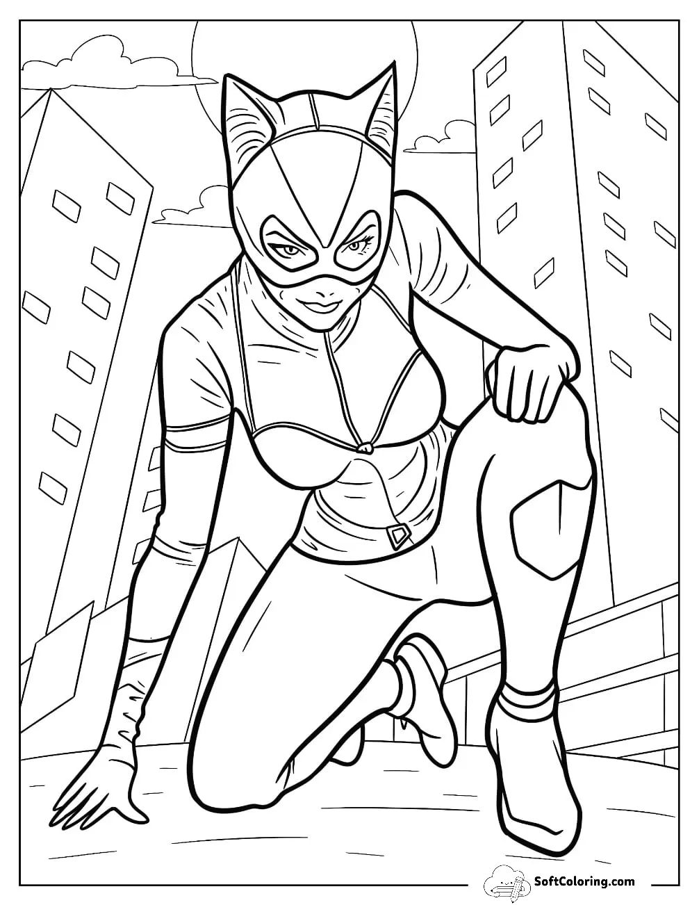Catwoman Coloring Page Smirking With Moon In Background