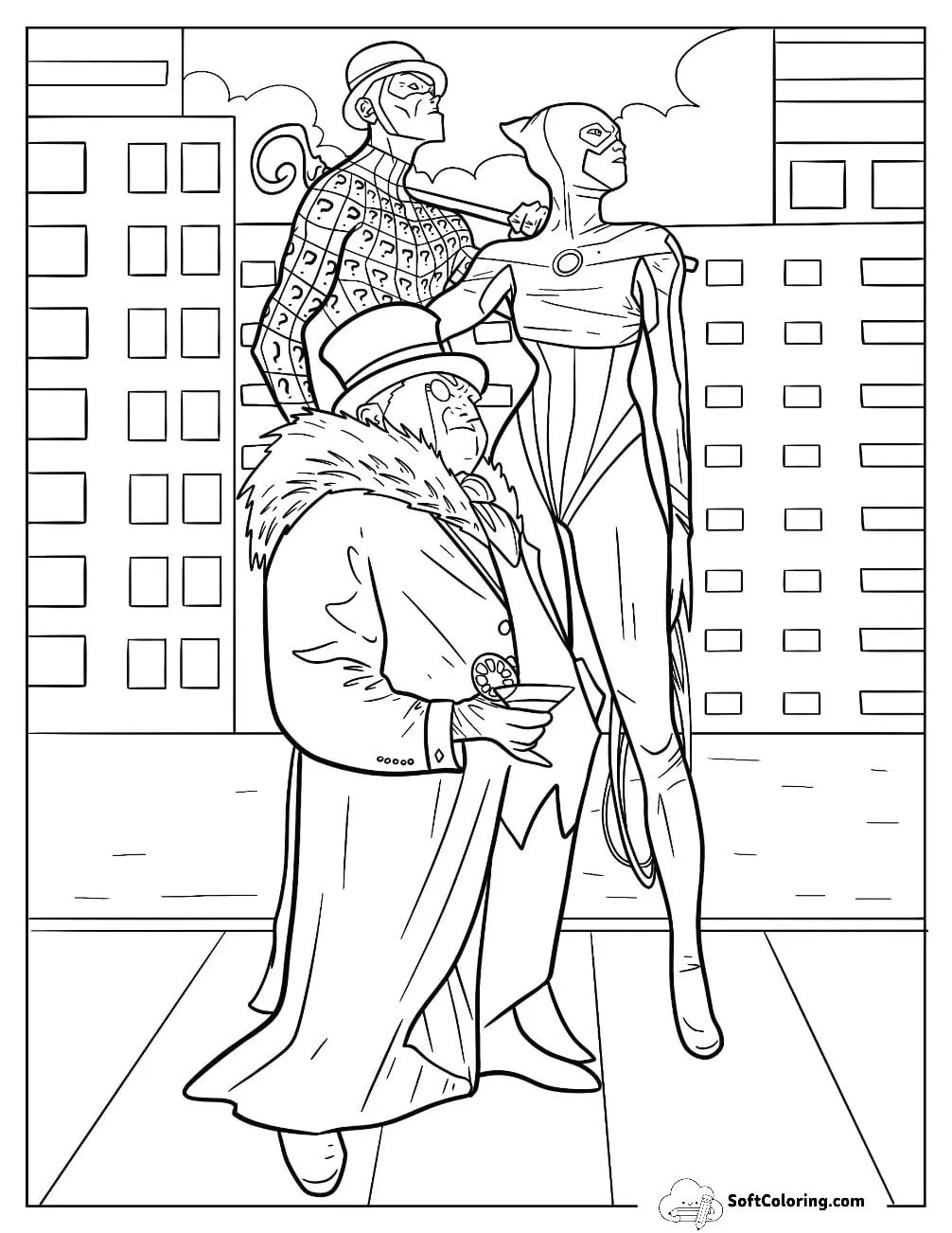 Catwoman Coloring Page With The Riddler And Penguin