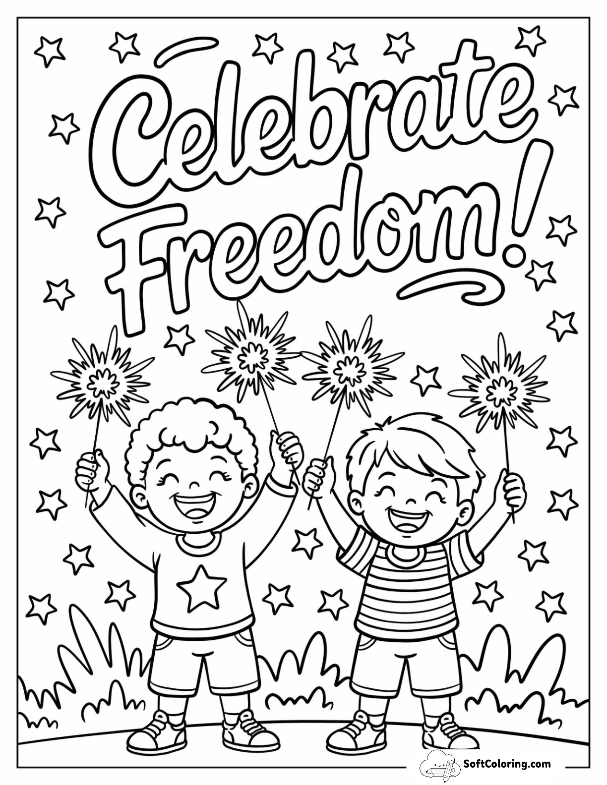 Freedom Text Above Two Boys Waving American Flag