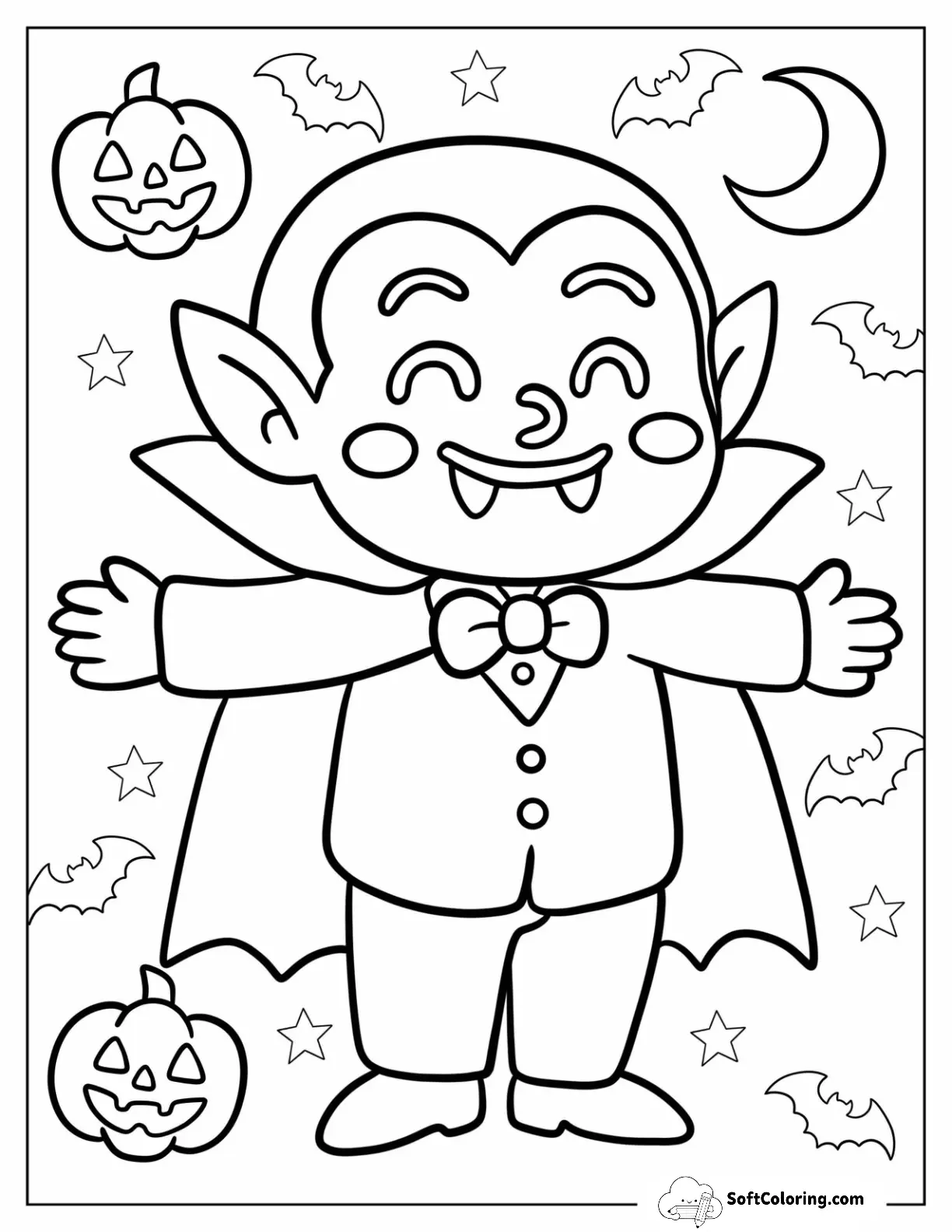 Cheerful Cartoon Vampire With Moon, Bats, And Jack O Lanterns