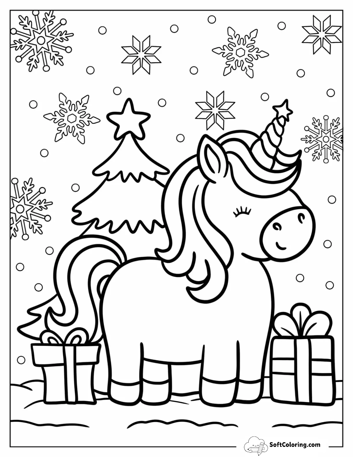 Cheerful Christmas Unicorn Next To Presents For Preschoolers