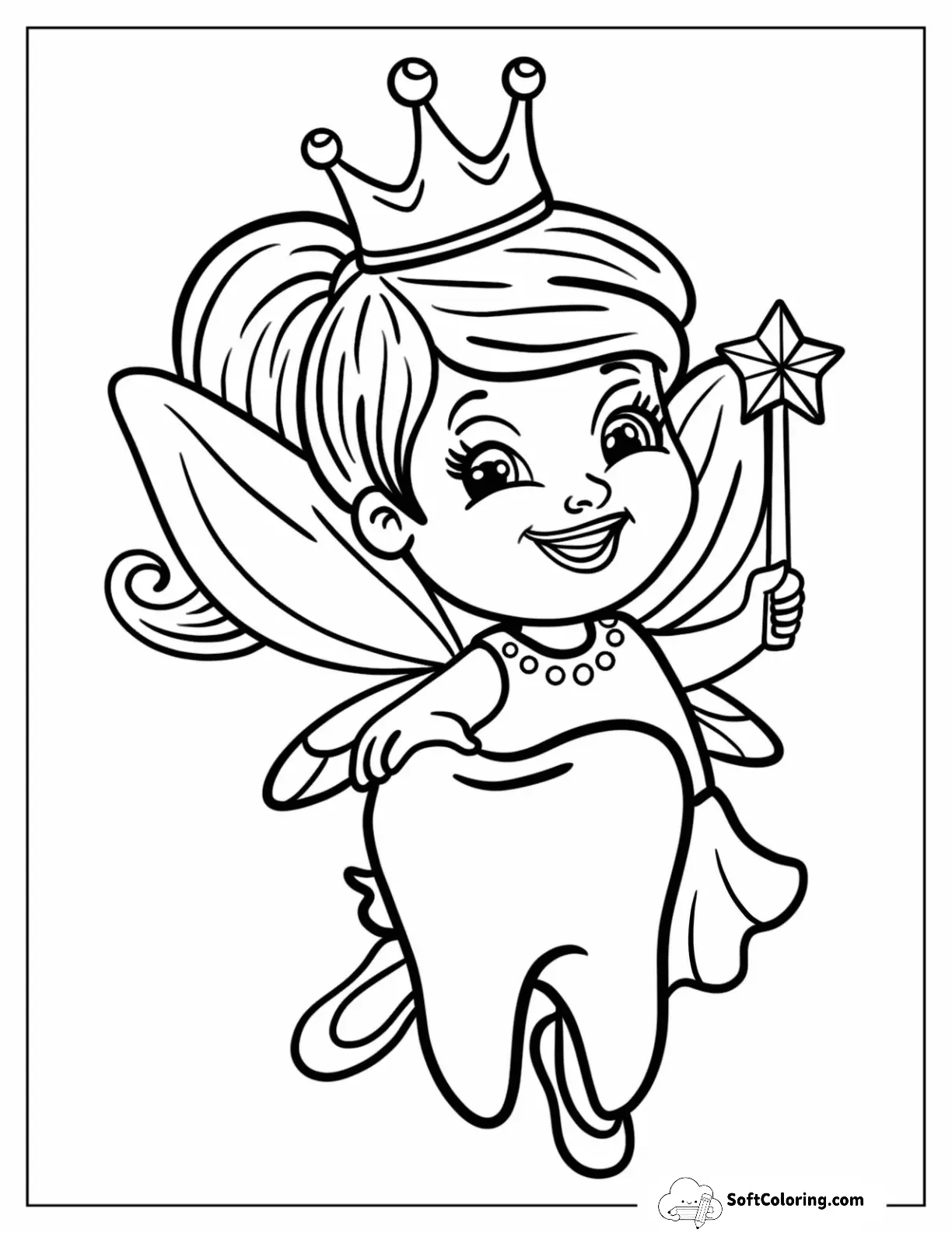 Cheerful Tooth Fairy Coloring Page With A Star Wand For Kids