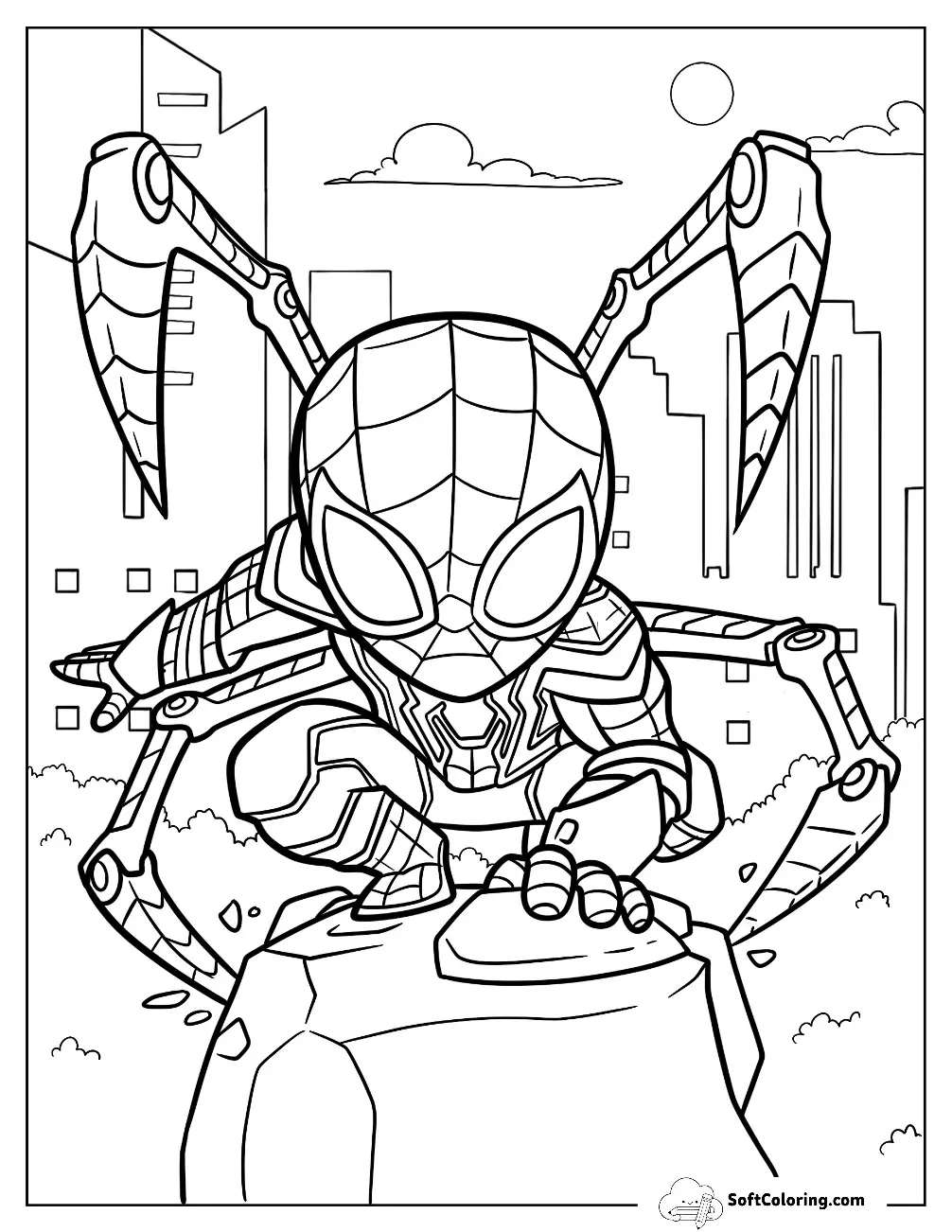 Chibi Iron Spider-Man Coloring Page On Top Of Rock For Kids