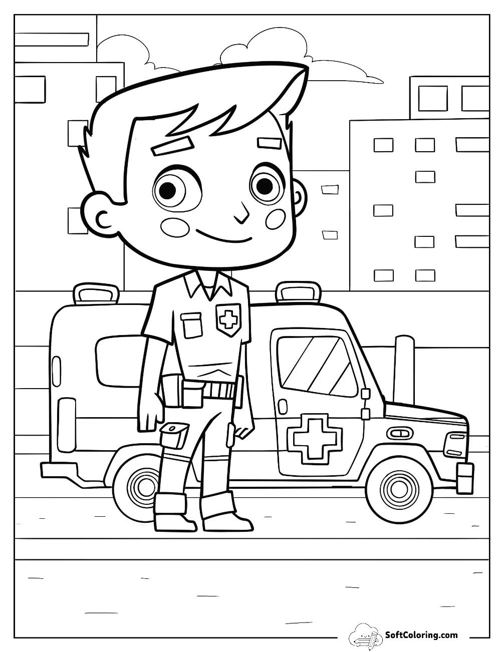 Chibi Paramedic Standing Beside An Ambulance Coloring Page
