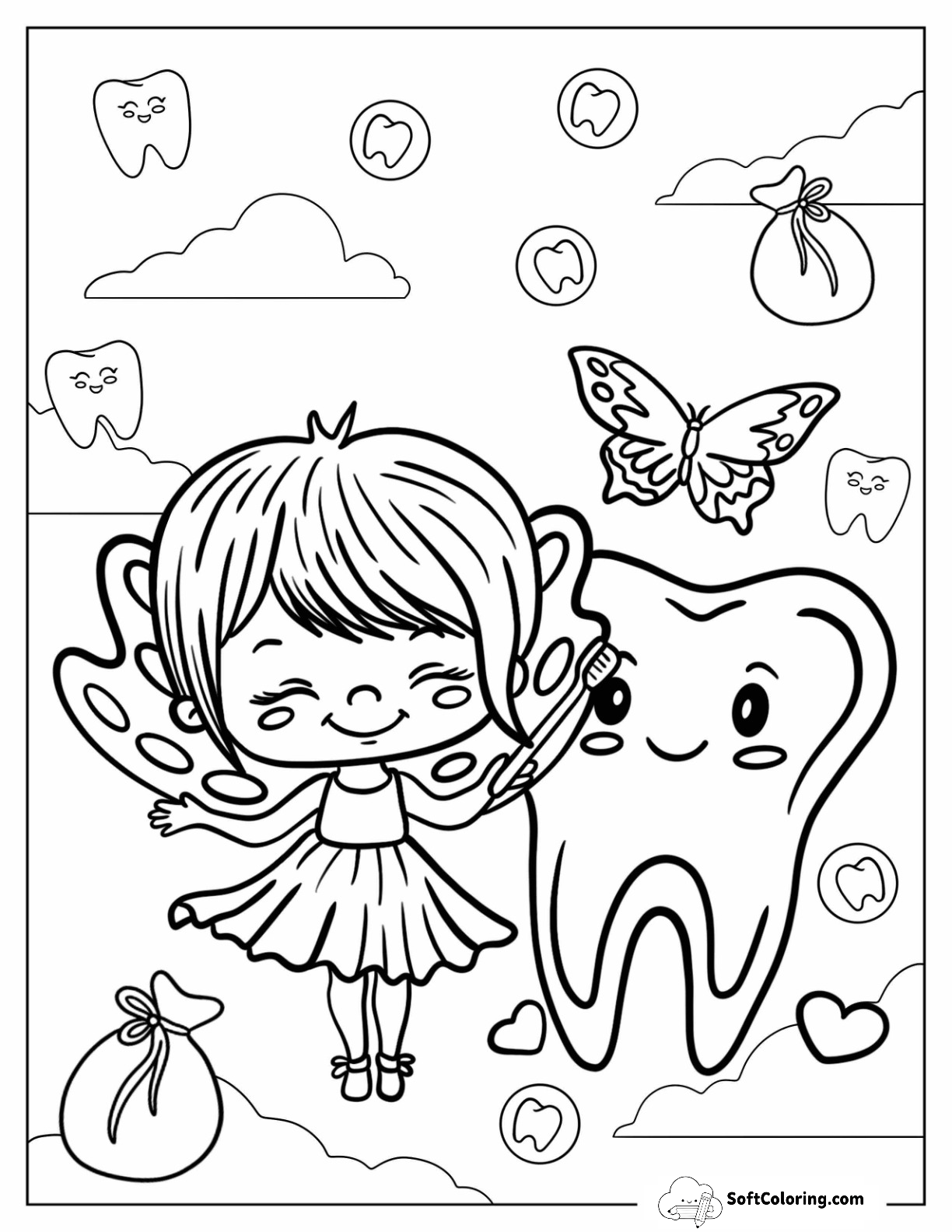 Chibi Tooth Fairy Coloring Page With A Large Tooth