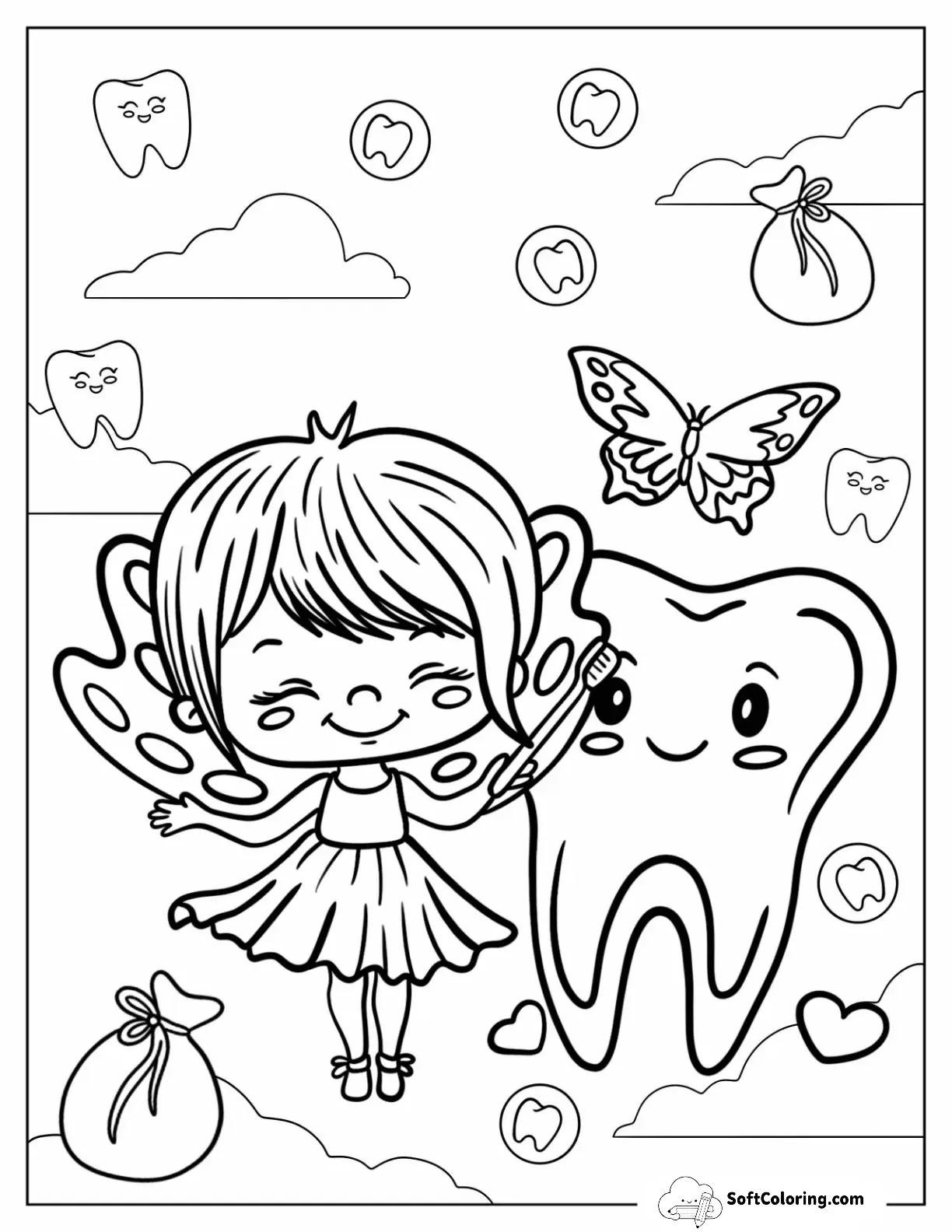 Chibi Tooth Fairy Coloring Page With A Large Tooth