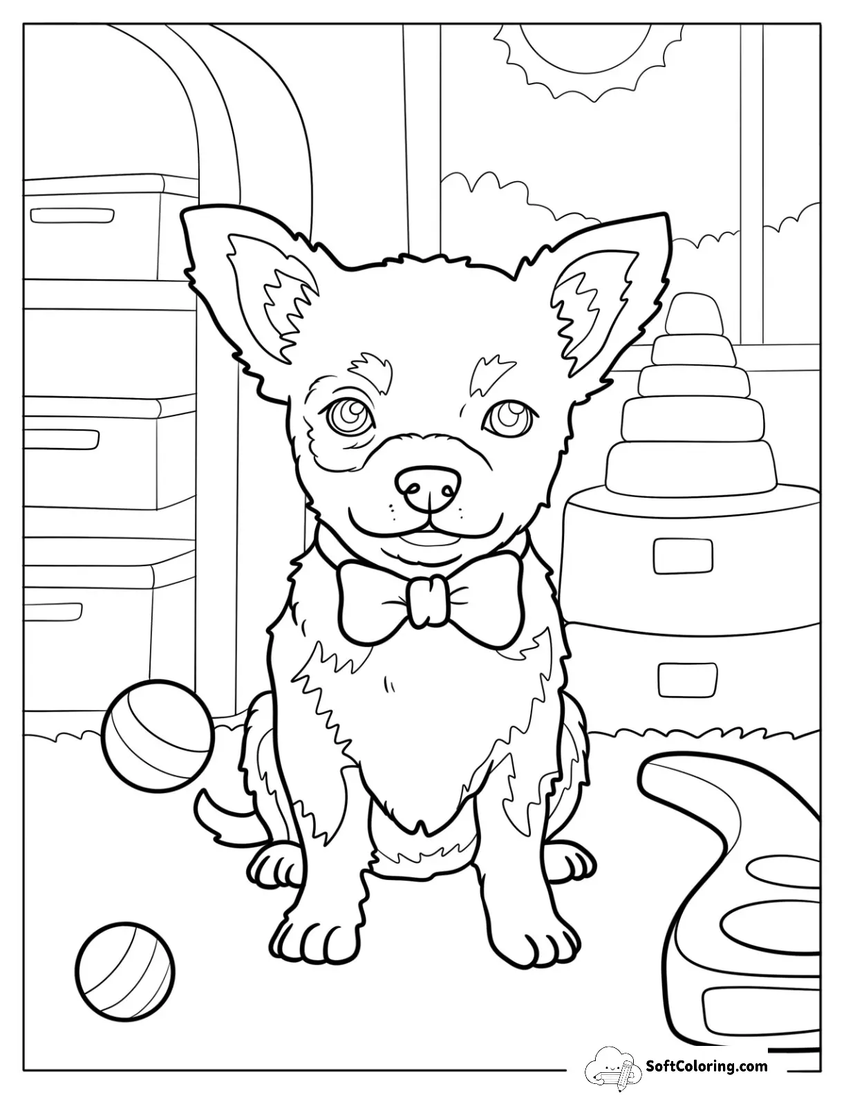 Chihuahua Puppy With Bowtie In A Toy Room