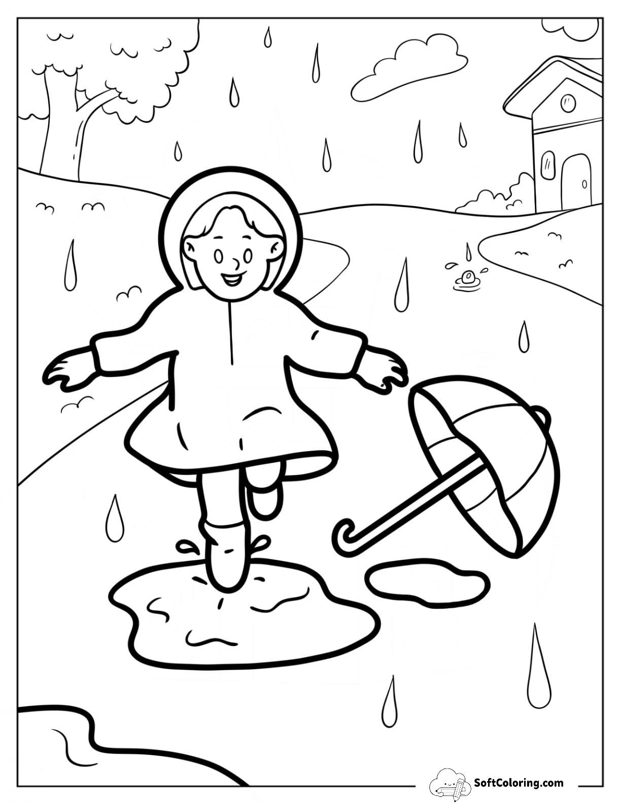 Child Playing In The Rain Coloring Page
