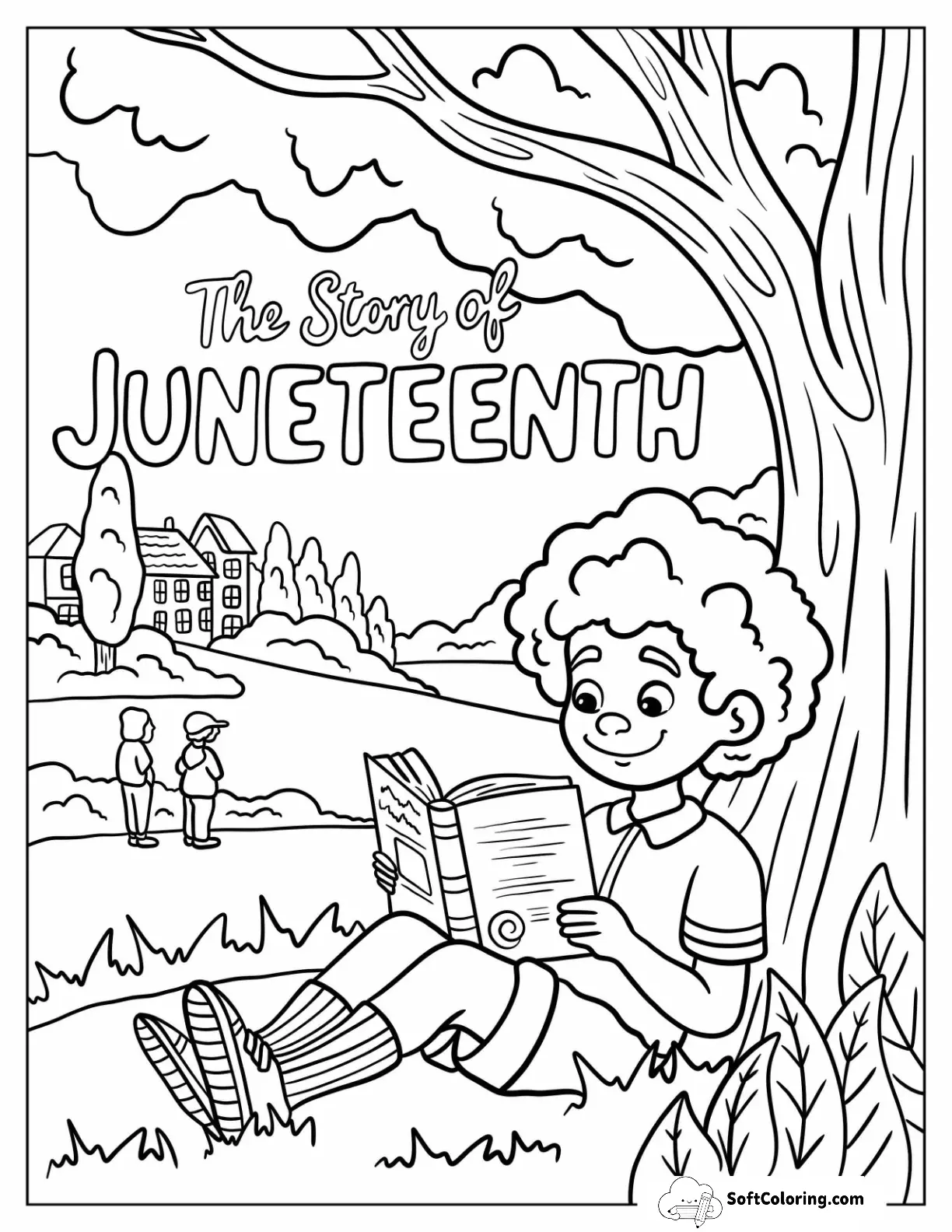 Child Reading The Story Of Juneteenth Coloring Page Under A Tree