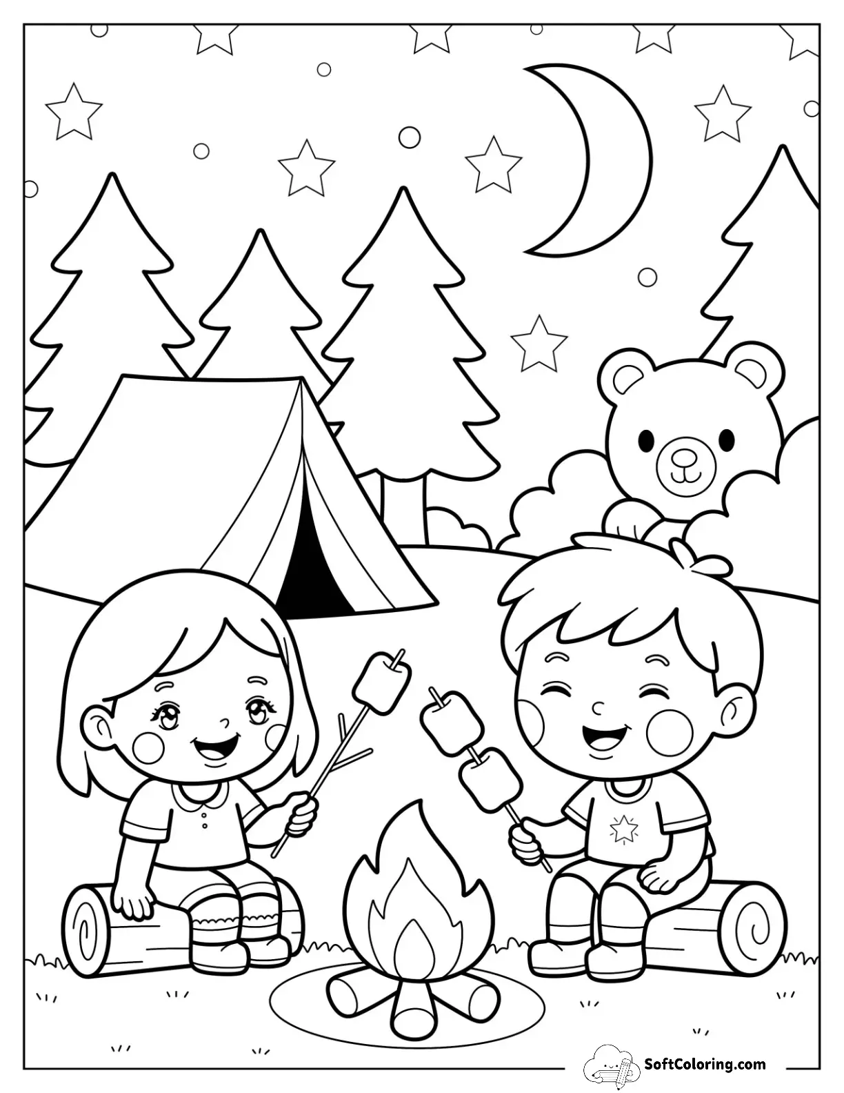 Children Camping & Hiking At Night With Tent, Trees, And Curious Bear