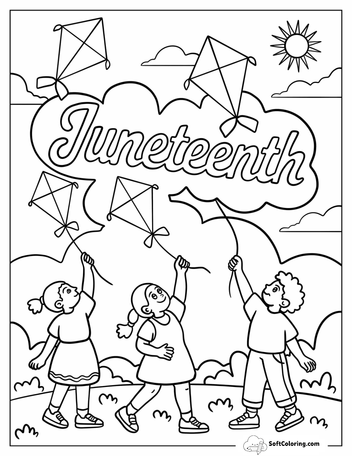 Children Flying Kites Under Juneteenth Coloring Page Cloud And Sunny Sky For Kids