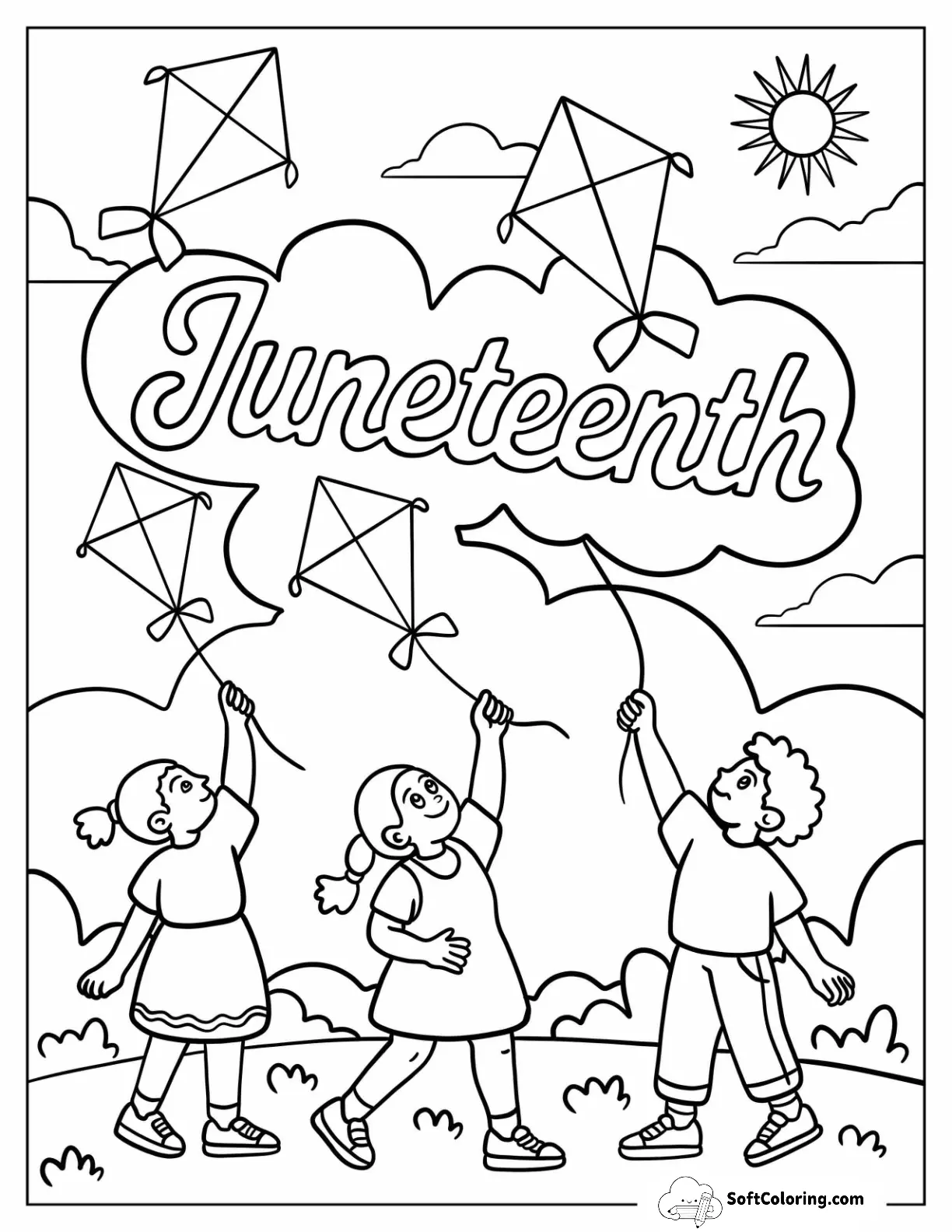 Children Flying Kites Under Juneteenth Coloring Page Cloud And Sunny Sky For Kids