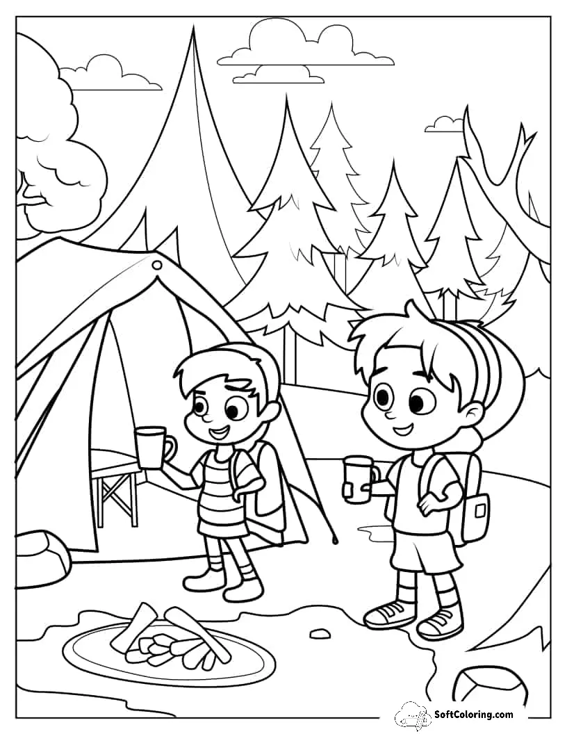 Children Holding Cups In Camping Site To Color