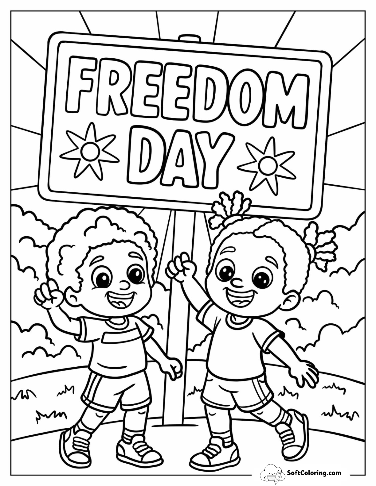 Children Holding Up Freedom Sign For Juneteenth Coloring Page