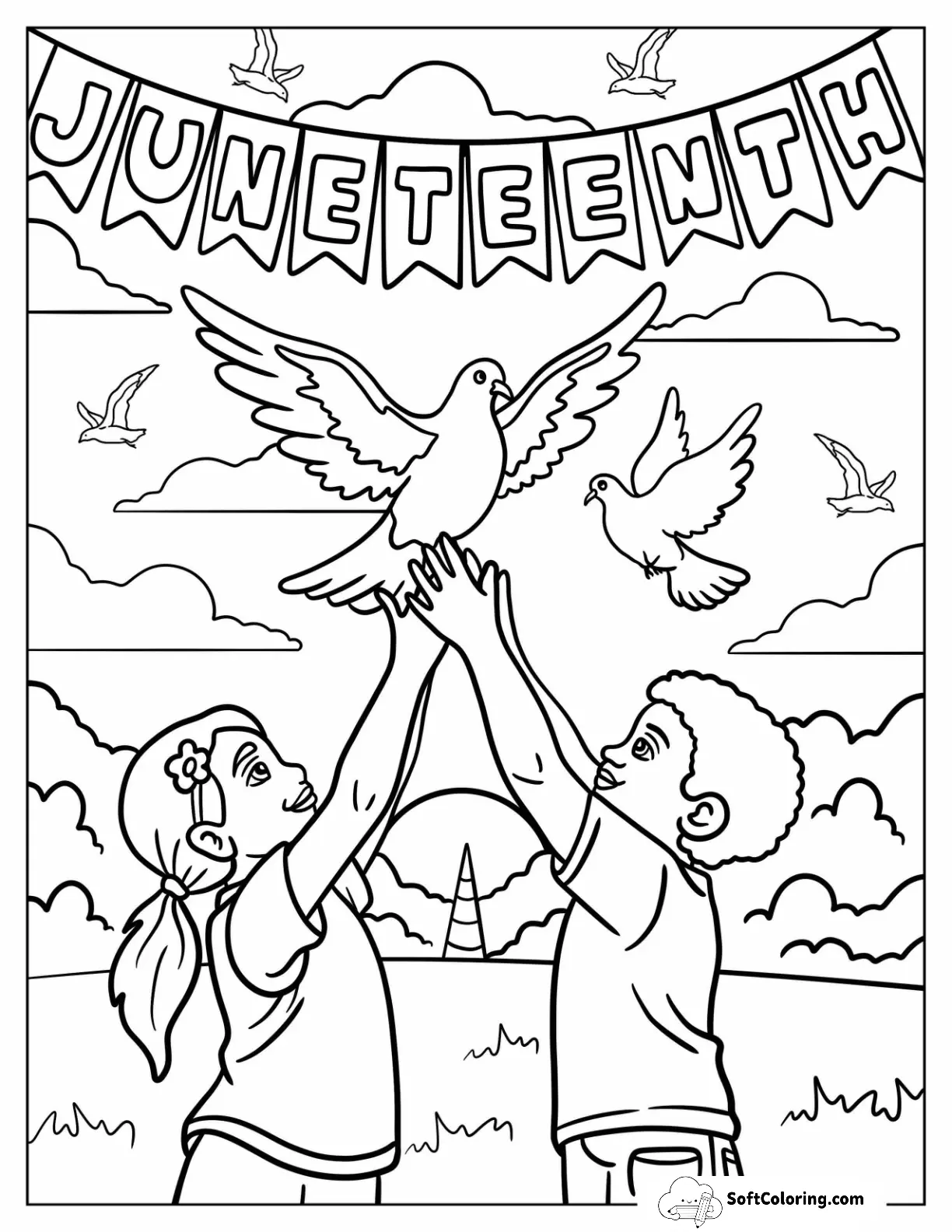 Children Releasing Dove Under Juneteenth Coloring Page Banner
