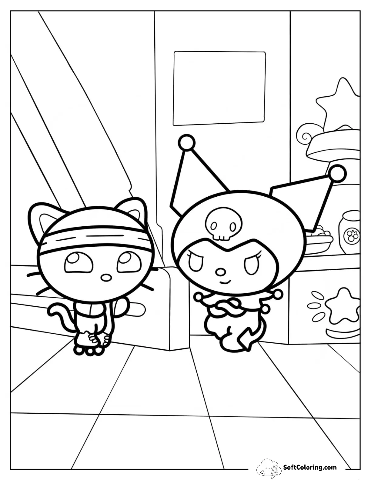 Chococat Rollerblading With Kuromi Coloring Page For Kids