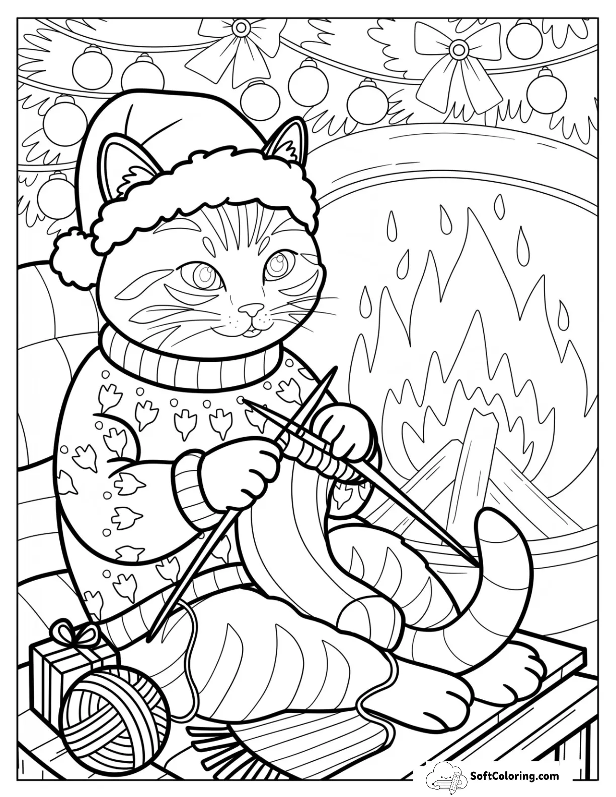 Christmas Cat Knitting By The Fireplace In Holiday Sweater
