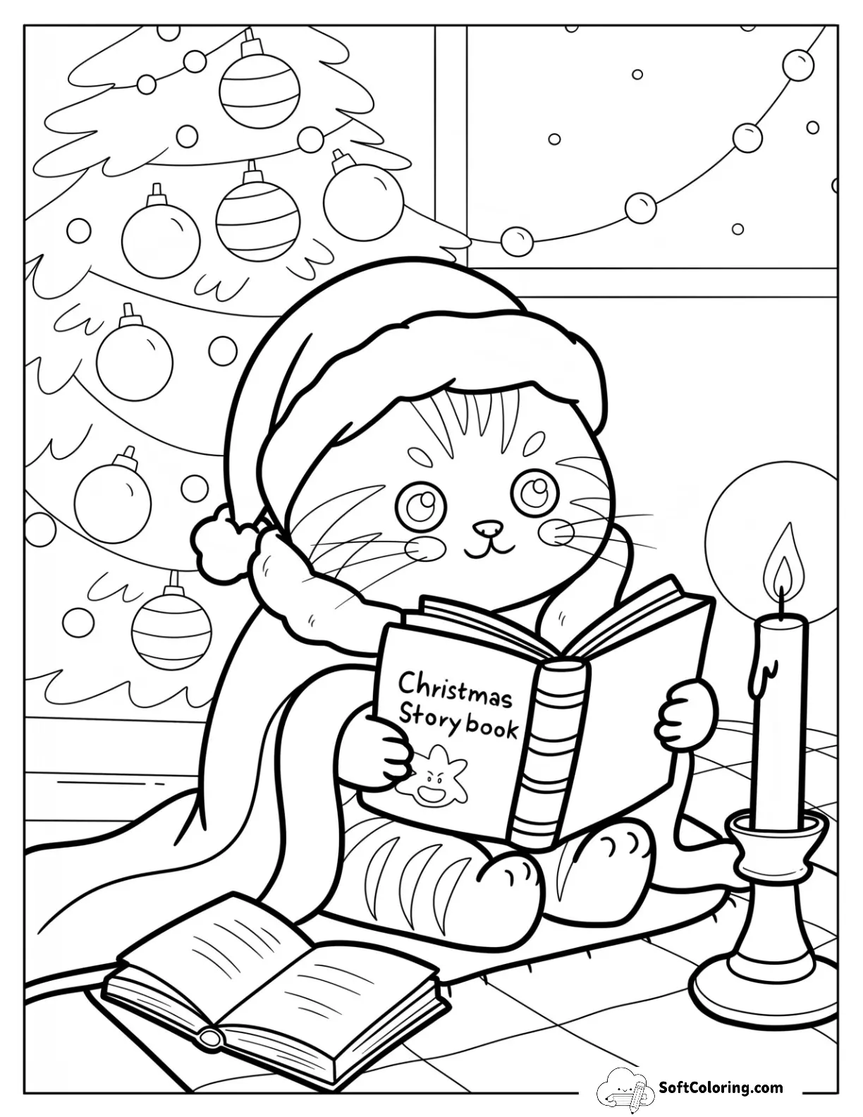Christmas Cat Reading A Storybook By Candlelight For Kids