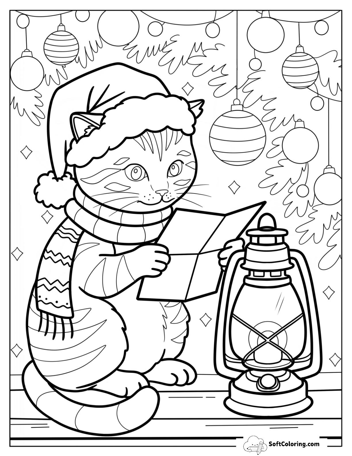 Christmas Cat Reading By Lantern Light